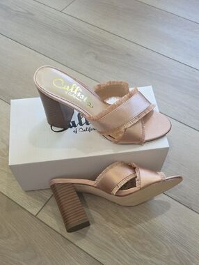 Callisto Monakko  Blush Pink Satin Fringe Mule Block Heels